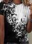 Women's Black White abstract Print Casual Crew Neck T-Shirt