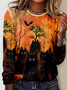 Halloween Cat Crew Neck Casual Cat Regular Fit Long Sleeve Shirt