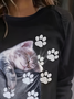 Cute Cat Design Round Neck Casual Sweatshirt