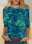 Women's Green Floral Crew Neck Casual Long Sleeve Shirt