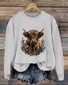 Plant and Flower Art Highland Cow Round Neck Sweater