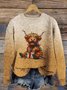 Women's Cute Highland Cow Print Knitted Crew Neck Sweater