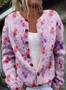 Watercolor French Rose Repeat Pattern Print Buttoned Cardigan