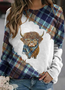 Western style color blocked highland cow round neck sweatshirt