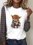 Retro plaid color blocked highland cow casual long sleeved T-shirt
