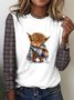 Retro plaid color blocked highland cow casual long sleeved T-shirt
