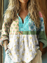 Ladies vintage pastoral floral print casual V Neck Loose Cotton-Blend Casual Shirt