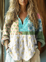 Ladies vintage pastoral floral print casual V Neck Loose Cotton-Blend Casual Shirt