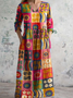 Women's V-neck abstract art floral neckline cotton dress with pockets