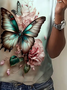 Women's Floral Butterfly Spring Print Casual Round Neck Short Sleeve T-Shirt