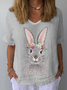 Women's Easter Bunny Print Casual V-Neck Cotton and Linen Top