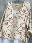 V Neck Bird Loose Linen T-Shirt
