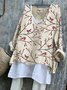 V Neck Bird Loose Linen T-Shirt