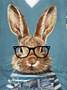 Women's glasses striped T-shirt rabbit print V-neck T-shirt