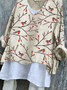 V Neck Bird Loose Linen T-Shirt