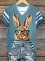 Women's glasses striped T-shirt rabbit print V-neck T-shirt