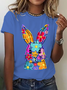Happy Easter Bunny Flowers Print Cotton T-Shirt