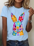 Happy Easter Bunny Flowers Print Cotton T-Shirt