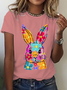 Happy Easter Bunny Flowers Print Cotton T-Shirt