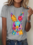Happy Easter Bunny Flowers Print Cotton T-Shirt