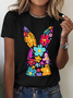 Happy Easter Bunny Flowers Print Cotton T-Shirt