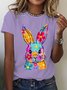Happy Easter Bunny Flowers Print Cotton T-Shirt