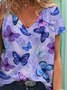 Women's Purple Butterfly Print Casual V-Neck Short Sleeve T-Shirt