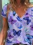 Women's Purple Butterfly Print Casual V-Neck Short Sleeve T-Shirt