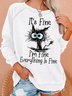 Women's Funny I Am Fine Black Cat Letter Crew Neck Sweatshirt