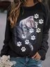 Cute Cat Design Round Neck Casual Sweatshirt