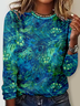 Women's Green Floral Crew Neck Casual Long Sleeve Shirt