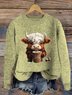 Women's Cute Highland Cow Print Knitted Crew Neck Sweater