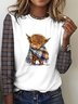 Retro plaid color blocked highland cow casual long sleeved T-shirt