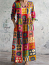 Women's V-neck abstract art floral neckline cotton dress with pockets