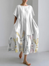 Watercolor rabbit print linen blend casual Dress With No Belt