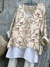 V Neck Bird Loose Linen T-Shirt