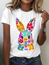 Happy Easter Bunny Flowers Print Cotton T-Shirt