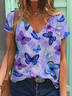Women's Purple Butterfly Print Casual V-Neck Short Sleeve T-Shirt
